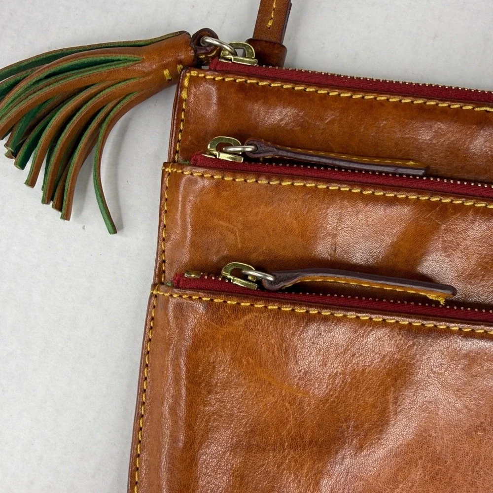 Dooney & Bourke Florentine Leather Triple Zip Crossbody Bag Tan Tassel Messenger